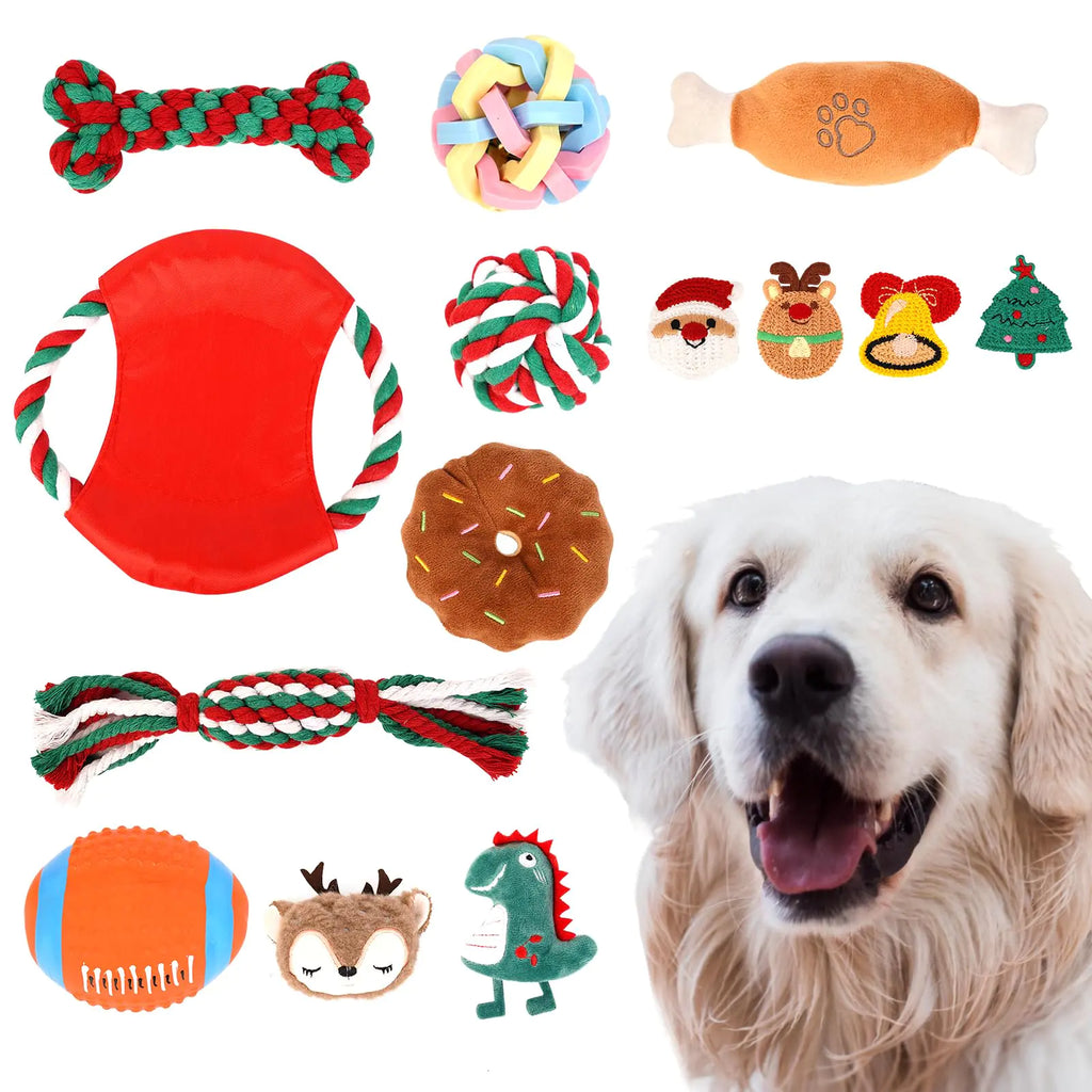 ANOTION Dog Toys Christmas Dog Gifts Set - Interactive Dog Toys Dog Stocking Stuffers Various Squeaky Balls Rubber Plush Rope Chew Hair Clips Toys Dog Toys for Small Medium Dogs