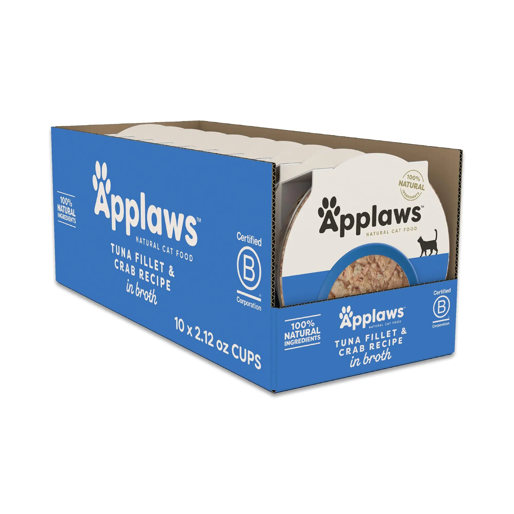Applaws Natural Wet Cat Food in Broth Limited Ingredient Cat Food Cups Grain-Free Cat Food Pots No Artificials 100% Natural Ingredient Cat Food Tuna Fillet & Crab in Broth (10 x 2.12 oz Cups) - Pawluxe
