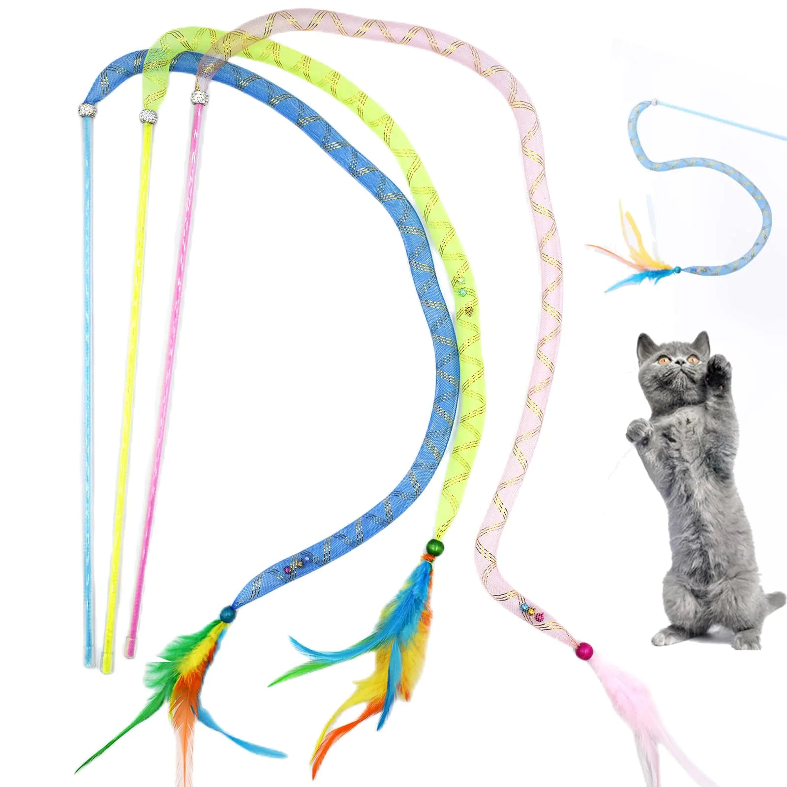 IUHKBH Cat Wands 3 PCS Interactive Cat Teaser Wands Soft Line Tube Cat Toys Colorful Cat Feather Toys - Pawluxe