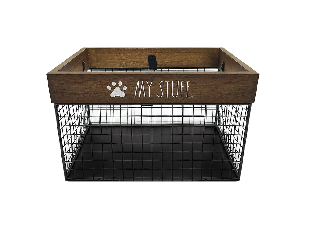 Rae Dunn Pet Toy Storage Bin - Metal and Wood Organizer for Dog Toys Treats Leashes - Cat Toy Basket Container - Dark Wood