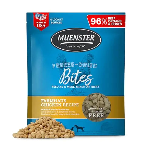 Muenster Freeze Dried Dog Food Topper Bites (20oz) - Farmhaus Chicken Freeze Dried Dog Food w/Organic Minerals - Chicken & Organ Meats Soft Dry Dog Food - Freeze Dried Dog Treats - Pawluxe