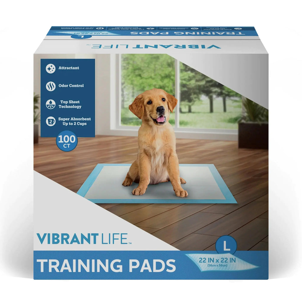 Vibrant Life Large Dog & Puppy Training Pads 22 in x 22 in Absorbent Leak-Proof Disposable Odor Control Built-in Attractant Unscented Perfect for Potty Training & Daily Use (100 Ct)