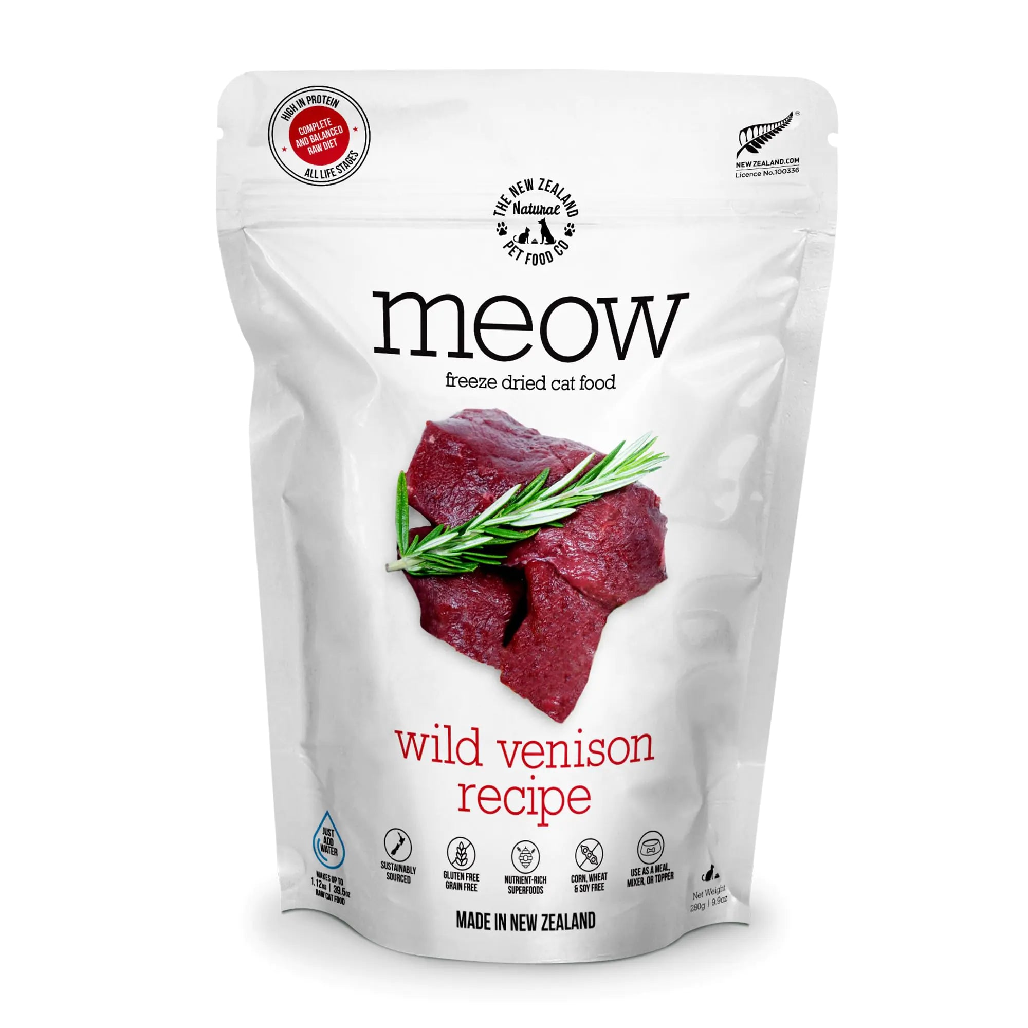 The New Zealand Natural Pet Food Co. Meow Freeze Dried Cat Food - Wild Venison Recipe High Protein Cat Treats Meals & Toppers Dry Cat Food 9.9 oz - Pawluxe