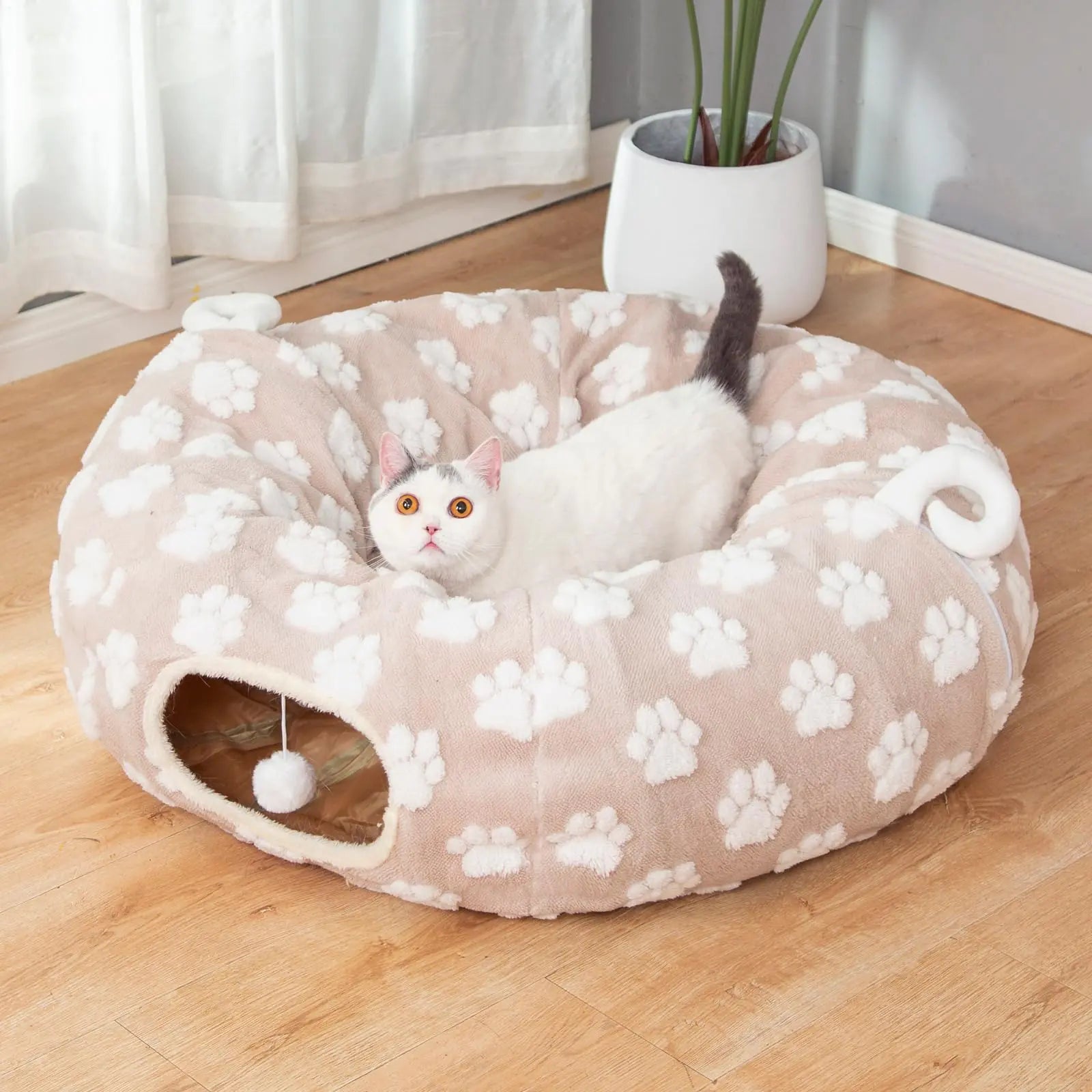 LUCKITTY Cat Tunnel Bed for Indoor Cats - Round Tunnel Donut Small Dog Calming Cute Modern Pet Beds with Jacquard Shaggy Plush & Anti Slip Bottom Khaki - Pawluxe