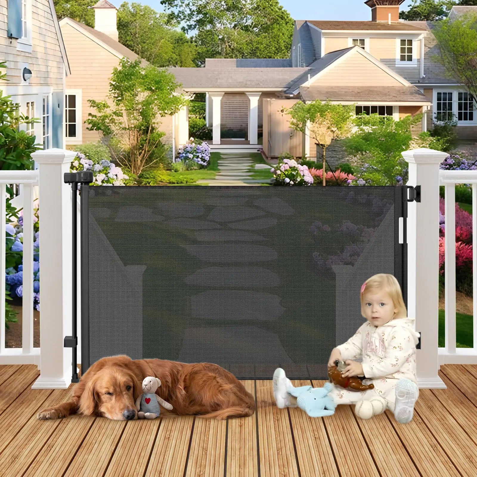 Weatherproof Outdoor Retractable Gate for Dogs with Stainless Steel Screws and Rods 55" Wide Retractable Baby Gate Retractable Dog Gate Waterproof Outdoor Pet Gate for Deck Retractable Outdoor Fence - Pawluxe