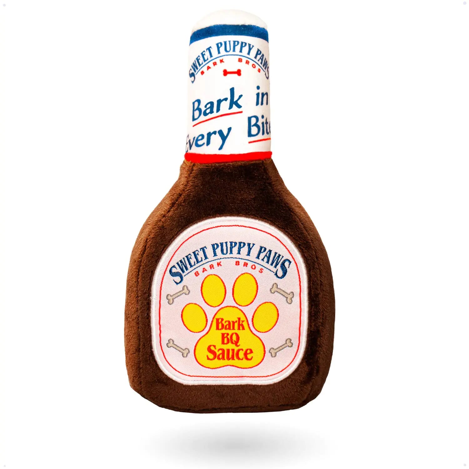 Bark Bros - Sauce Bottle Dog Toys - Plush Squeaky Dog Toys Funny Parody - Dog Birthday Toy - Cute Dog Toys - Puppy Toys - Puppy Gifts - Dog Toys for Small Medium Large Dogs (Sweet Puppy Paws BBQ)