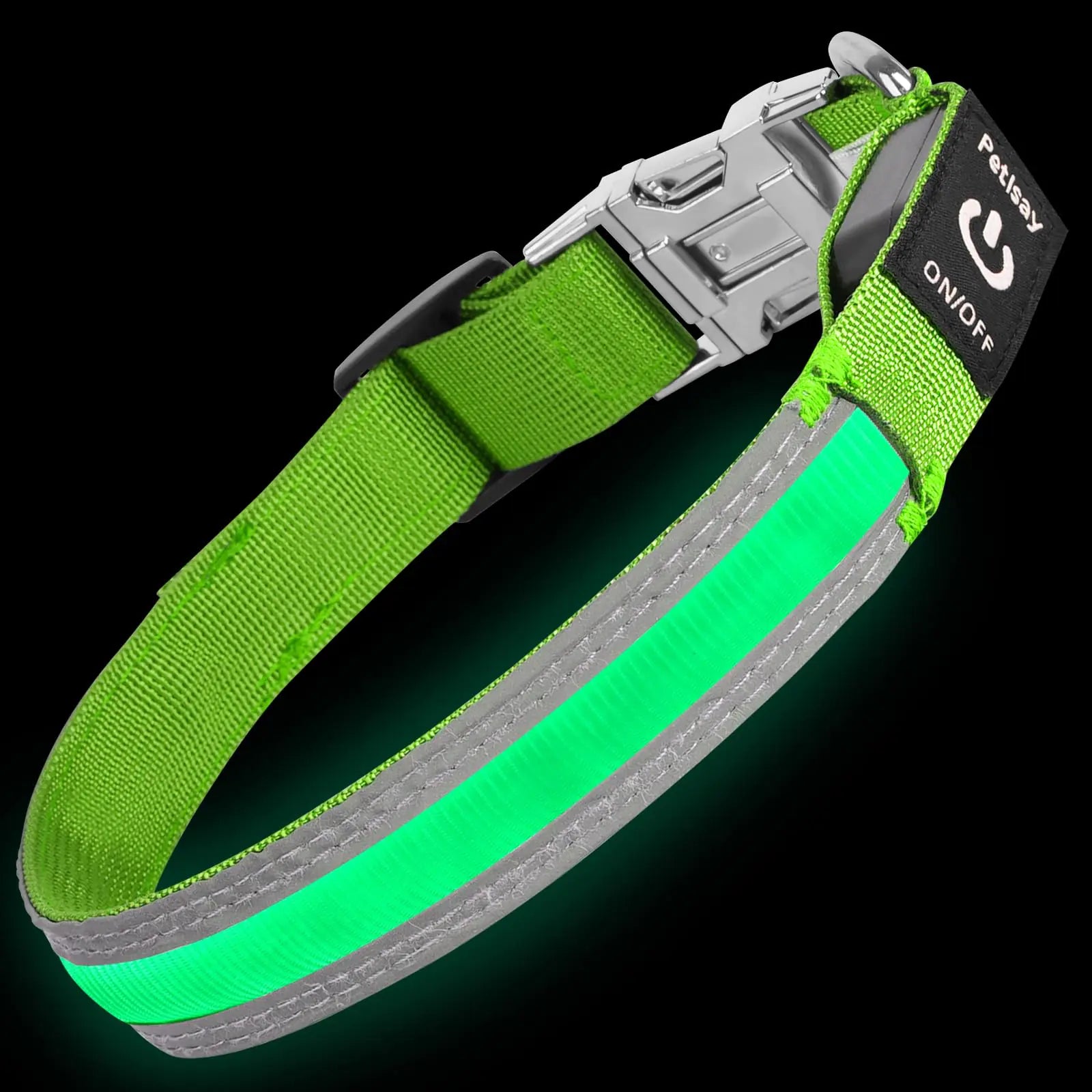 PetIsay Dog Light up Collar with Metal Buckle - Ultimate Reflective LED Dog Collar Rechargeable/Waterproof - Glow in The Dark Dog Collars for Night Walking Camping Foggy Weather(GreenSmall)