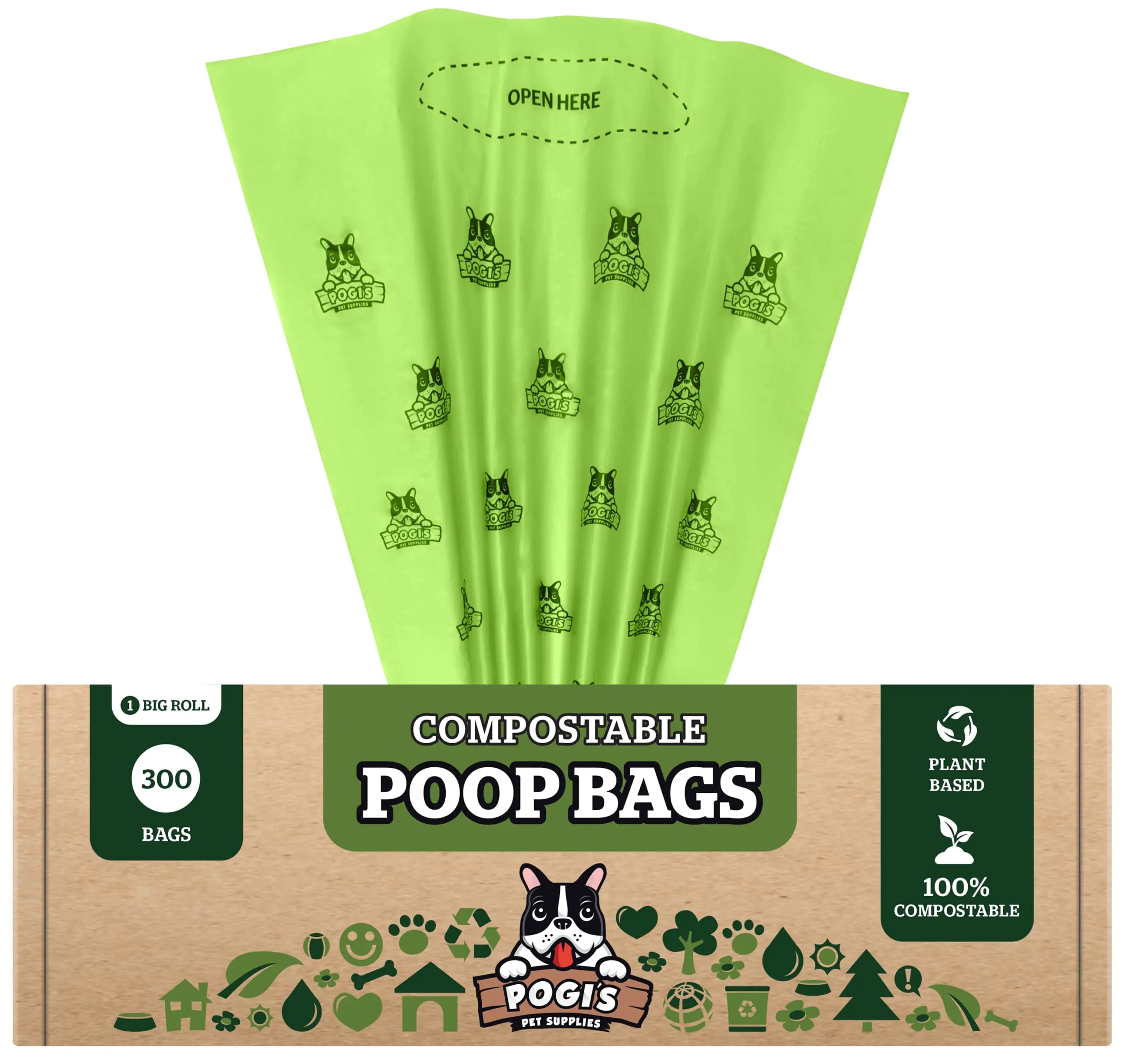 Pogi’s Compostable Dog Poop Bags - 300 Plant-based Grab & Go Dog Waste Bags - Leak-Proof Extra-Large ASTM D6400 EN 13432 Certified Poop Bags for Dogs