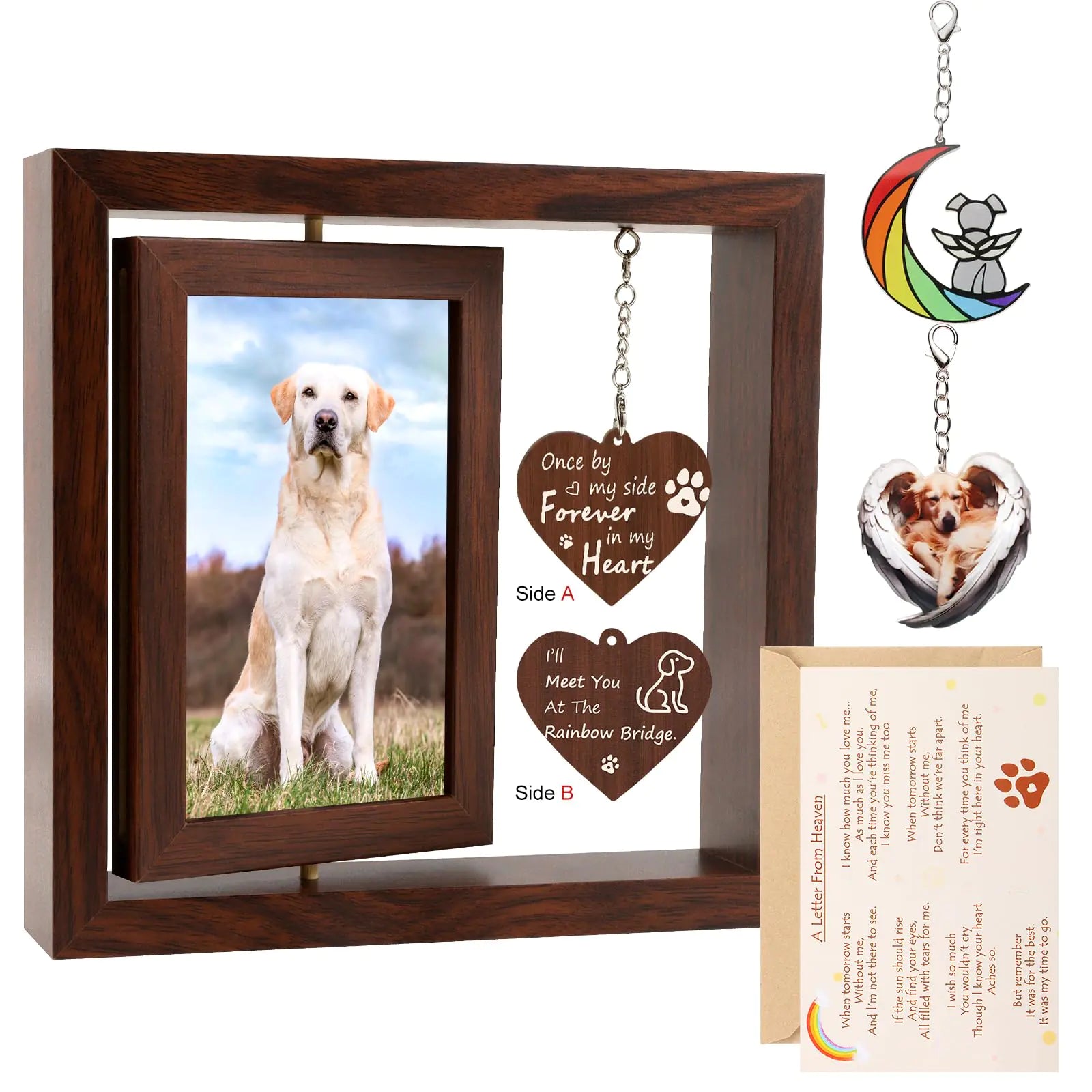 Pet Memorial Gifts for Dogs Loss of Dog Sympathy Gift Rotating Wooden Picture Frame for 4x6 Photo & Pendants Dog Bereavement Remembrance Gift Dog Passing Away Gifts Picture Frame Letters of Heaven
