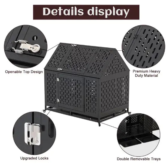 Heavy Duty Dog Crate 45 Inch Indestructible Pet Dog Cage Crate Kennel With Roof Top 2 Doors Removable Trays