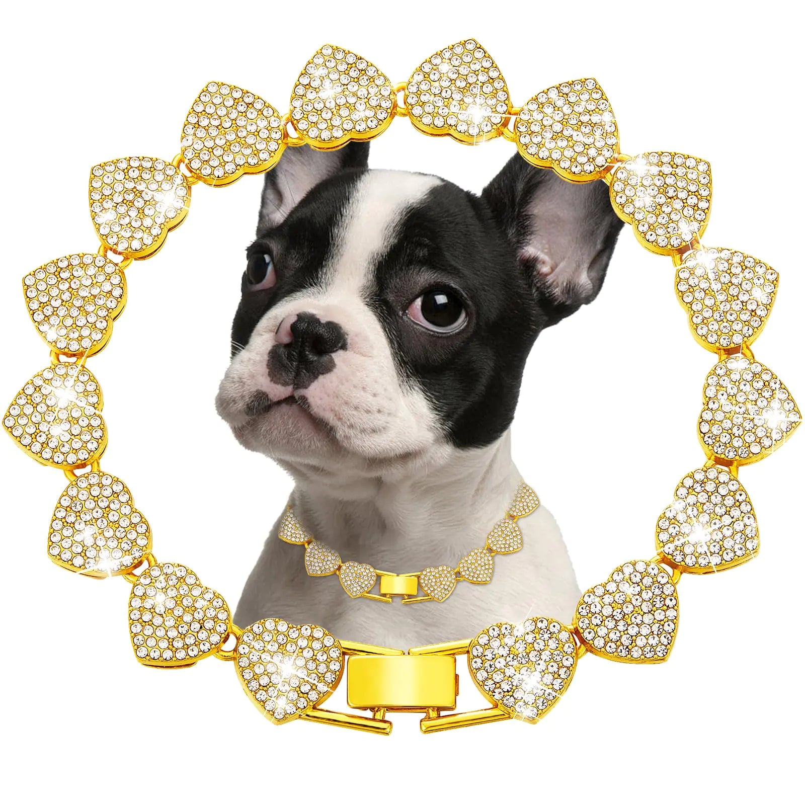Gold Dog Chain Collar Heart Necklace Diamond Cuban Link Dog Collar Cat Necklaces Metal Cat Chains Pet Crystal Collars Jewelry Accessories for Dogs Cats(22inch)