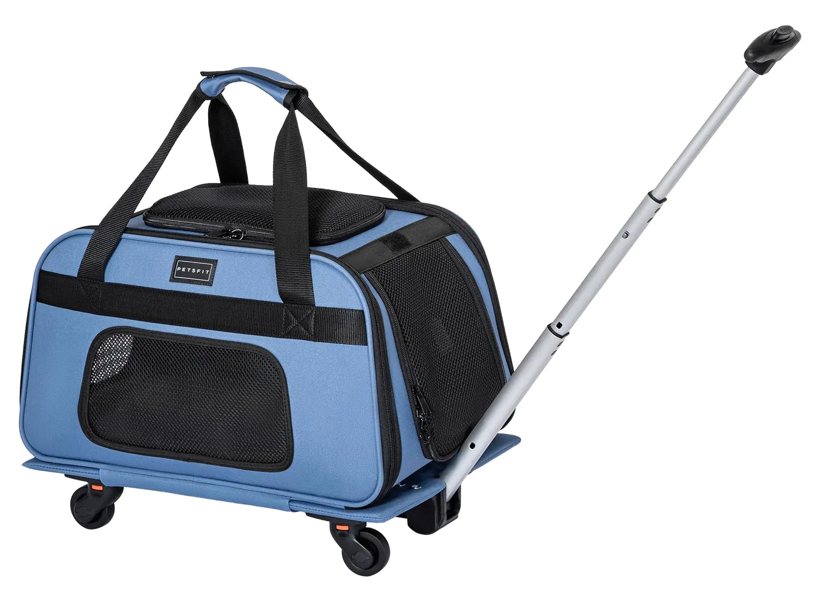 Petsfit Pet Carrier with Wheels Rolling Cat Carrier for 2 Small Cats Airline Approved Pet Carrier with Telescopic Handle Perfect for Travelling Under 15lbBlue