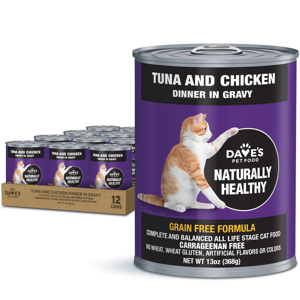 Daves Pet Food Grain Free Wet Cat Food (Tuna & Chicken Dinner in Gravy) Naturally Healthy Canned Cat Food Added Vitamins & Minerals Wheat & Wheat Gluten-Free 13 oz Cans (Case of 12) - Pawluxe