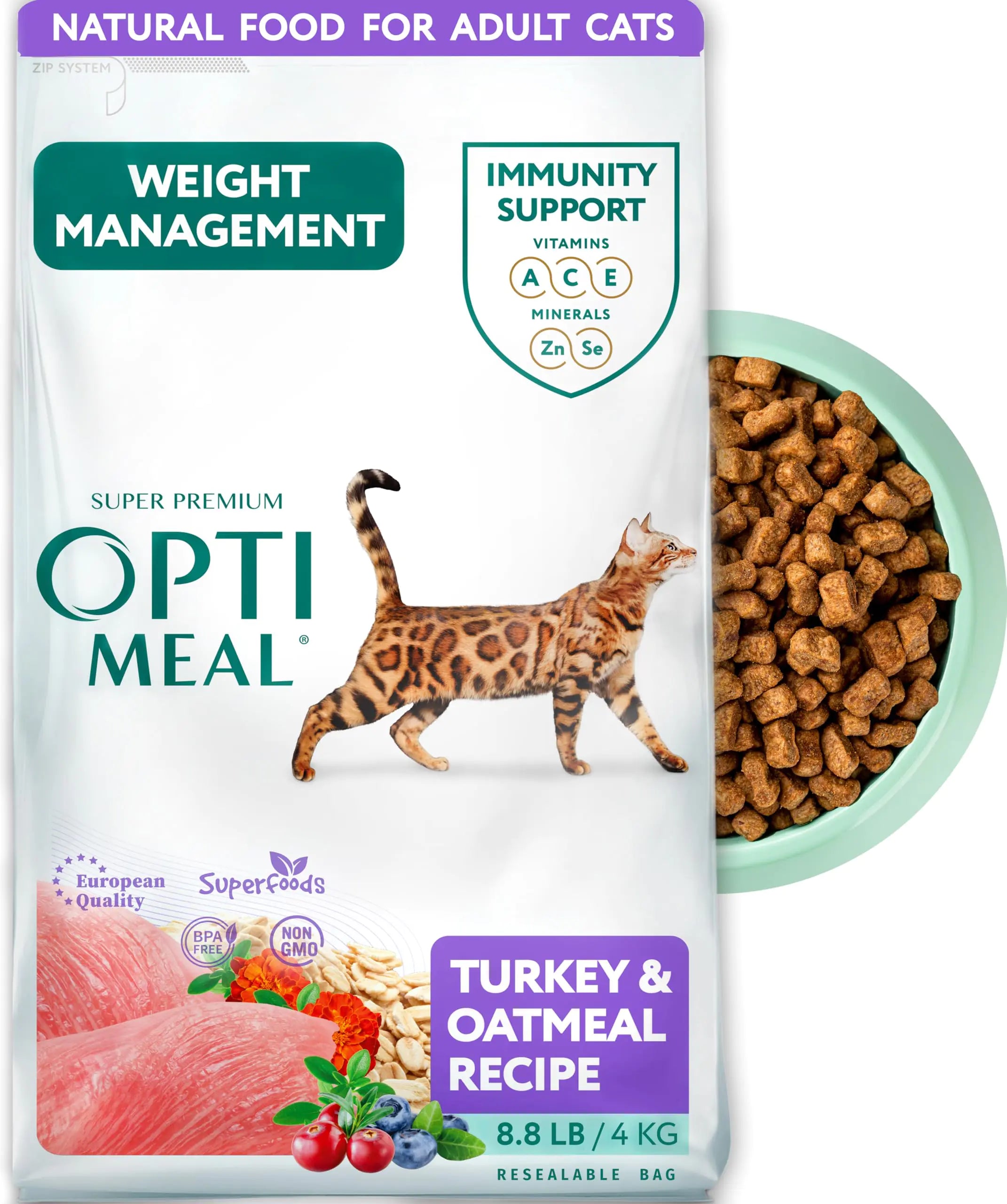 OPtimeal Weight Control Cat Food - Proudly Ukrainian - Cat Food Dry Recipe with Metabolism Support for Healthy Digestion Tasty Dry Cat Food for Adult Cats (8.8 lbs Turkey & Oatmeal) - Pawluxe