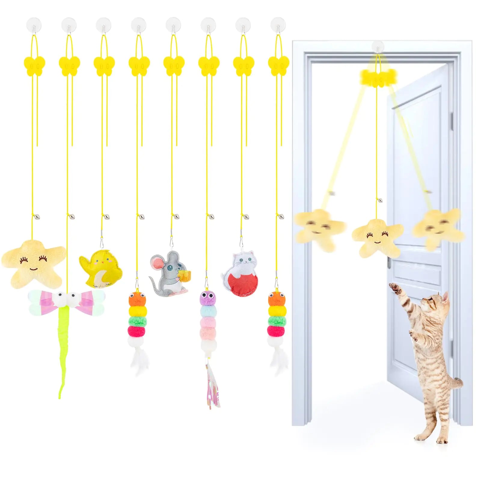 8PC Interactive Cat Toy Cat Feather Toy Hanging Cat Toy Cat Door Toy Retractable Cat Teaser Hunting Toy Door Hanging Kitten Mouse Toy Door Frame Hanger for Indoor Cat Mental Physical Play