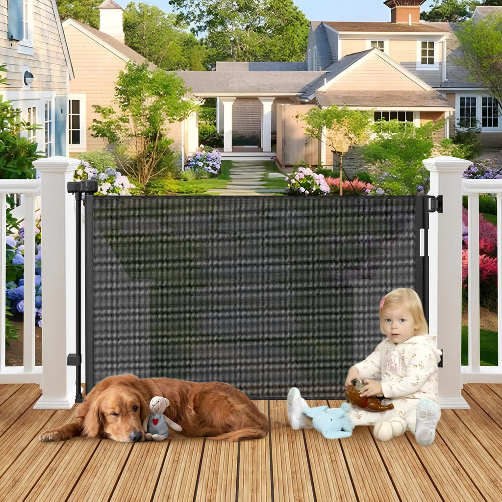 Weatherproof Outdoor Retractable Gate for Dogs with Stainless Steel Screws and Rods 55" Wide Retractable Baby Gate Retractable Dog Gate Waterproof Outdoor Pet Gate for Deck Retractable Outdoor Fence - Pawluxe