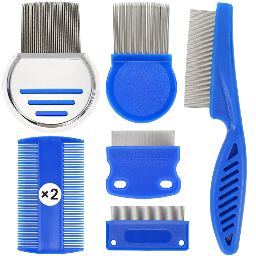 Lice Removal Comb Kit 7 Pcs Flea and Tick Comb Lice Treatment Stainless Steel Thread Dandruff Comb Nit Combs for Thick Hair Kids Adults & Pets