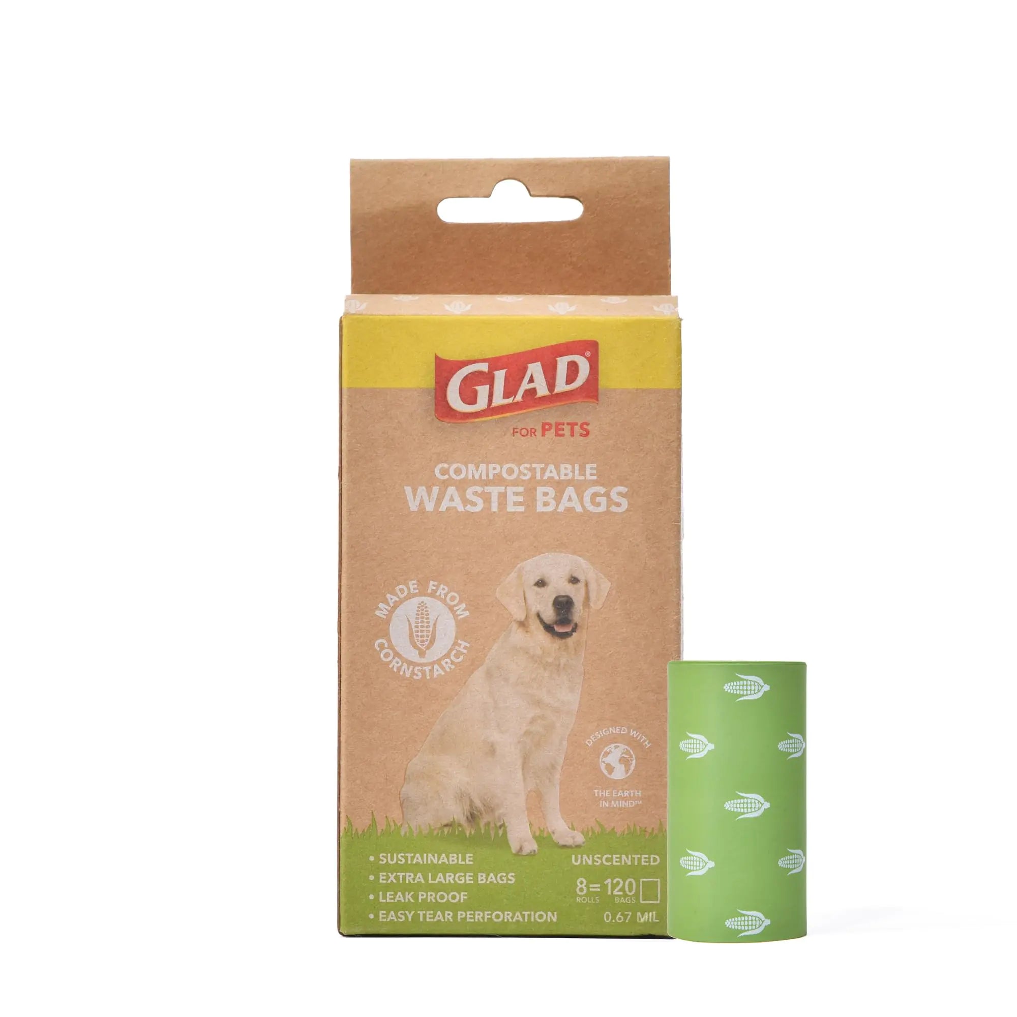 GLAD for Pets Compostable Waste Bags Extra Large Size 120 Count | Sustainable Dog Waste Bags Made from Cornstarch Certified At-Home and Industrially Compostable Poop Bags