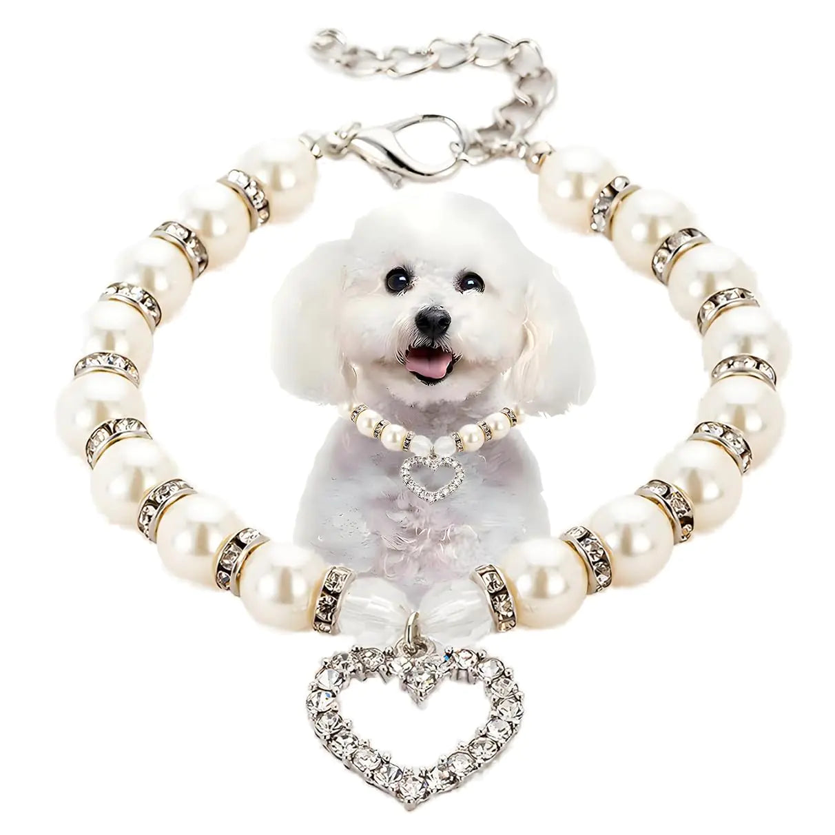 Pearl Dog Collar for Medium Dogs Pearl Cat Necklace with Crystal Heart Pendants Female Beaded Dogs Necklace with Diamond Rhinestone Jewlled for Small Medium Dogs Wedding & Birthday Gift (WhiteM)