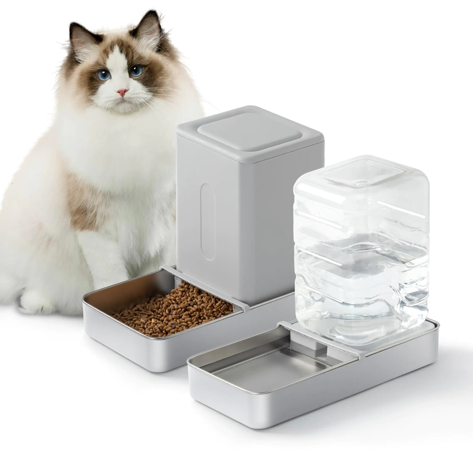 Automatic Cat Food and Water Dispenser Set - Stainless Steel Cat Feeder and Water Dispenser Gravity Elevated Large Cat Water Bowl Dispenser Cat cat Dry Food Dispenser (3.8L)