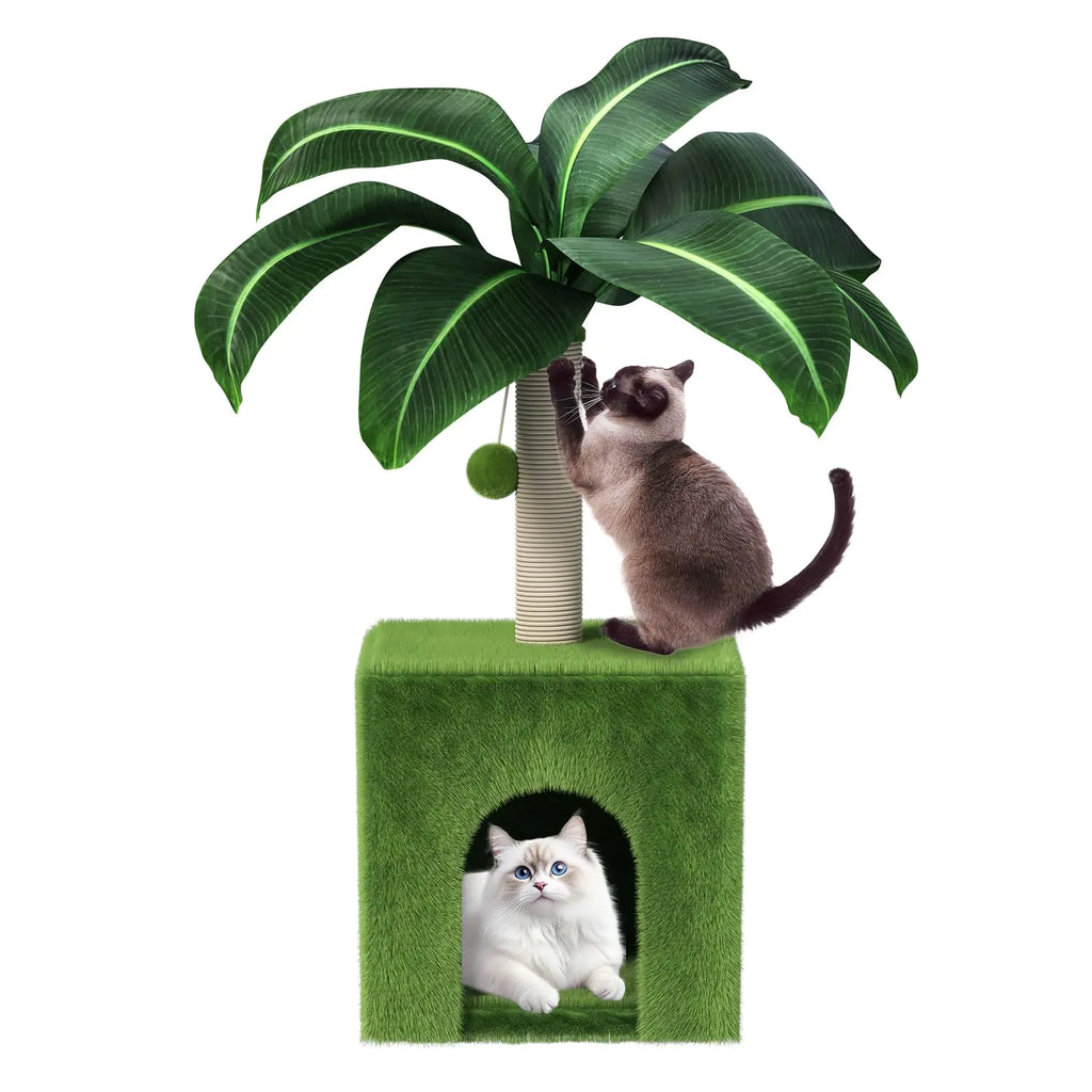 Cat Scratching Post with Condo Palm Cat Tree Tower Natural Sisal Cat Scratcher Cat Bed Cat Furniture for Kittens and Cats