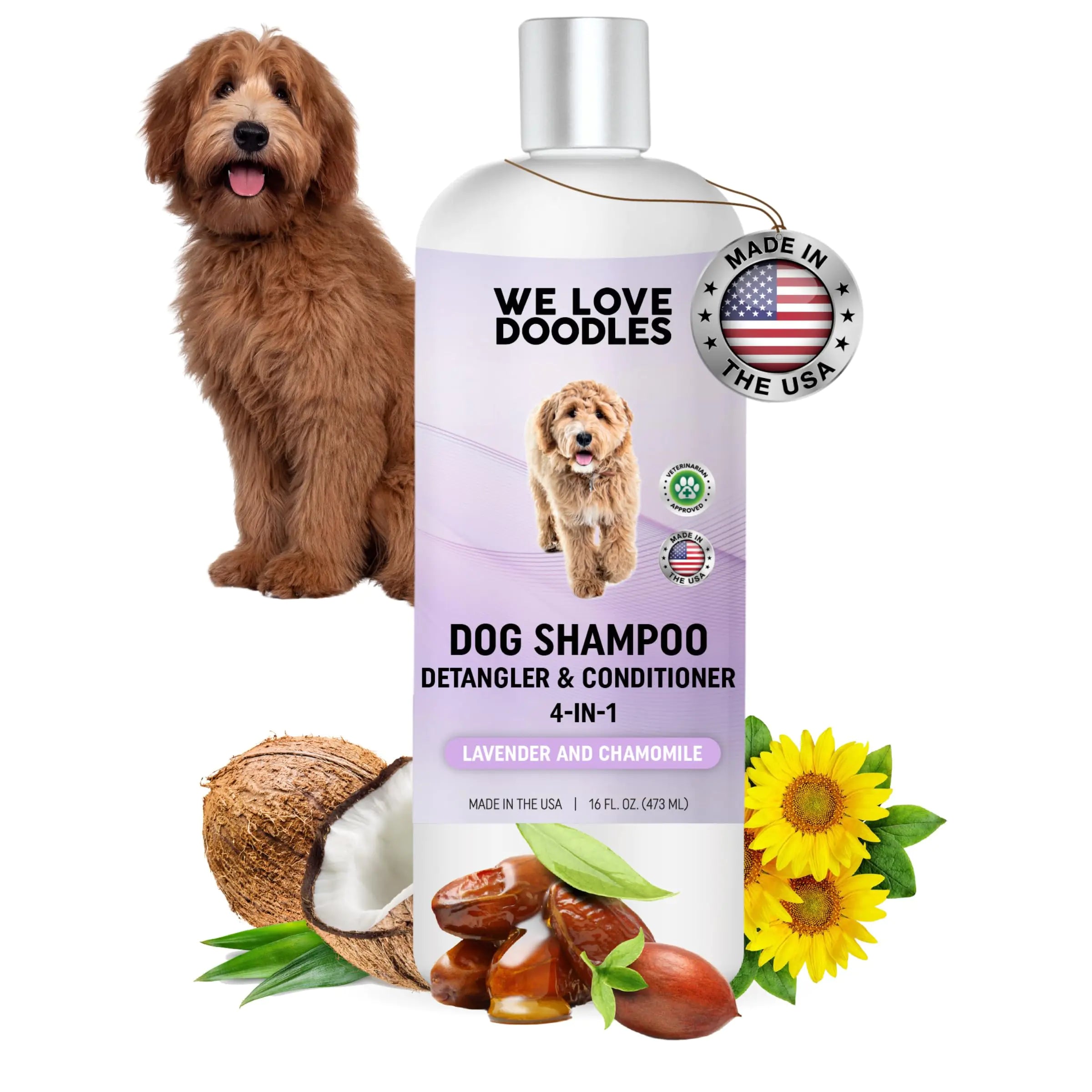 4-in-1 Lavender & Chamomile Dog Shampoo Dog Shampoo Conditioner & Detangler - Best Shampoo for Goldendoodles Poodles & Doodles - for Matted Pet Hair - Made in The USA 16OZ [Non-Organic] - Pawluxe