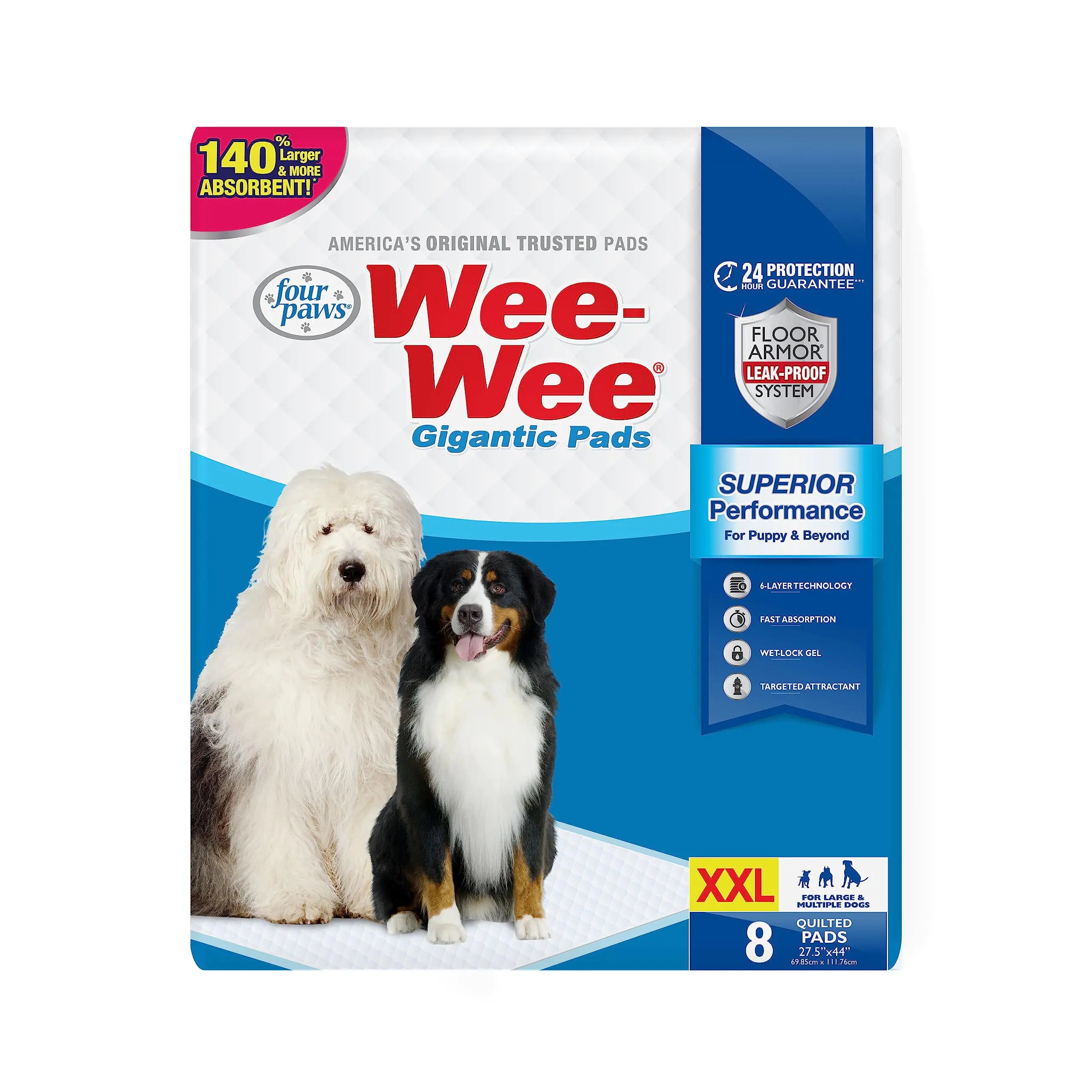 Four Paws Wee-Wee Superior Performance Gigantic Pee Pads for Extra Large Dogs Leak-Proof Floor Protection Dog & Puppy Quilted Potty Training Pads Unscented 27.5" x 44" (8 Count)