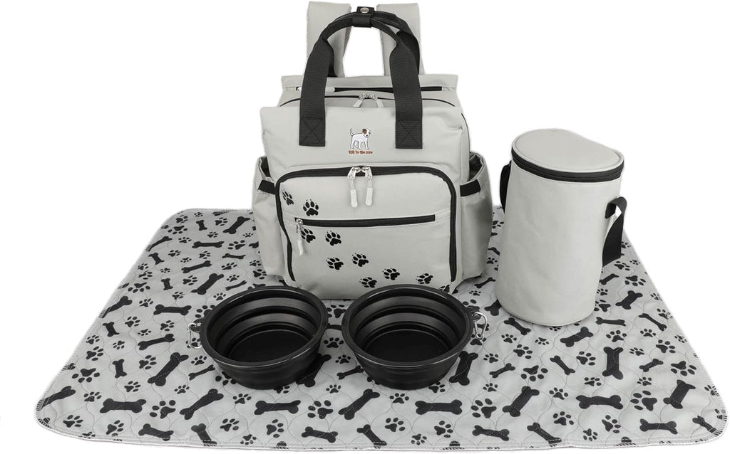 Dog Travel Bag - Dog Backpack Organizer - Pet Travel Kit Airline Compliant - Includes Large Pad, Food Canister and Bowls (Gray, Paw Prints)