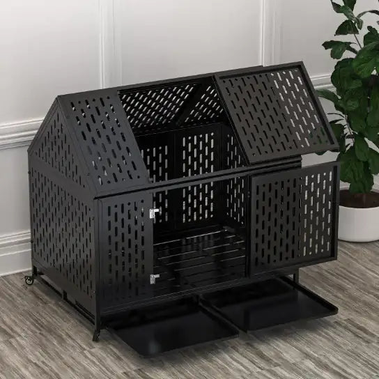 Heavy Duty Dog Crate 45 Inch Indestructible Pet Dog Cage Crate Kennel With Roof Top 2 Doors Removable Trays