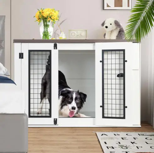 Furniture Style Dog Cage, Wooden Dog Cage, Double Door Dog Cage, Side Cabinet Dog Cage, Dog Crate - Pawluxe