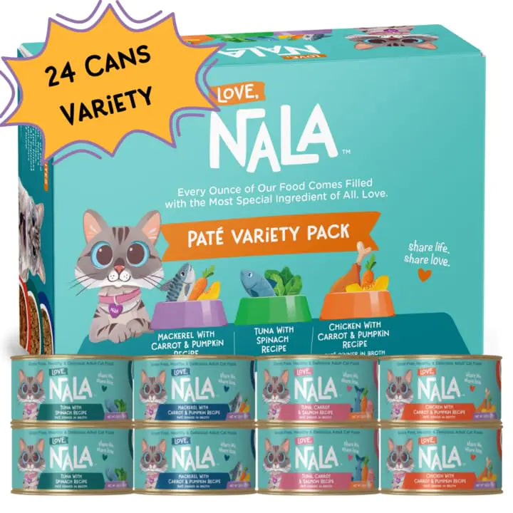 LOVE NALA Wet Cat Food Pate Recipe - Grain Free Wet Cat Food in Broth Natural Cat Pate Wet Food Adult Cat Food Wet - Chicken & Fish Variety - 24 Pack - Pawluxe