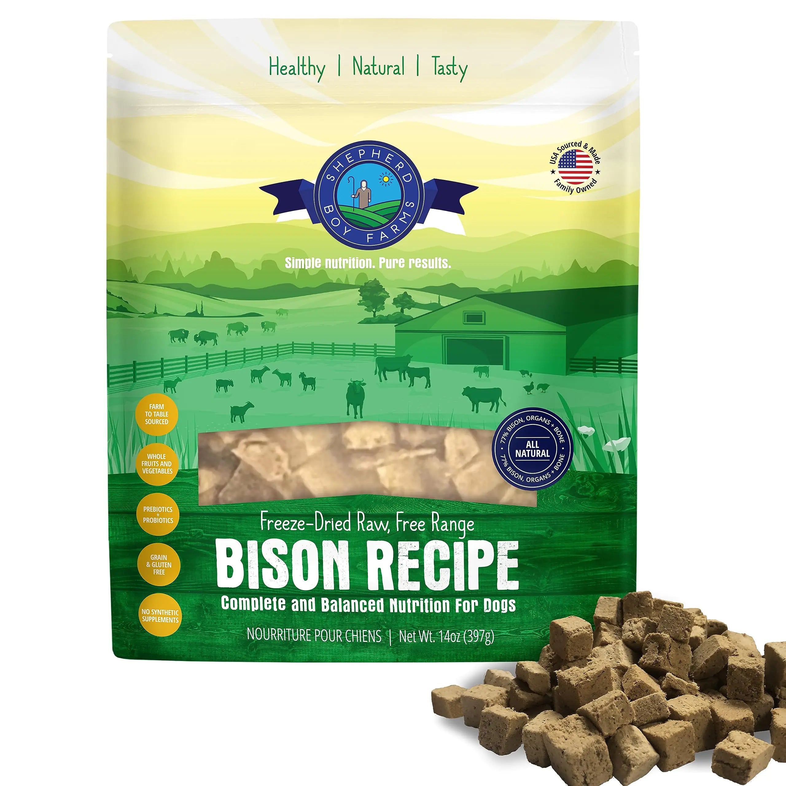 Shepherd Boy Farms Freeze Dried Raw Dog Food (Bison Recipe) All Natural Raw Dog Food 14 oz Bag Freeze-Dried Dog Food Made in USA High in Protein Raw Nutrition Food Topper or Complete Meal - Pawluxe