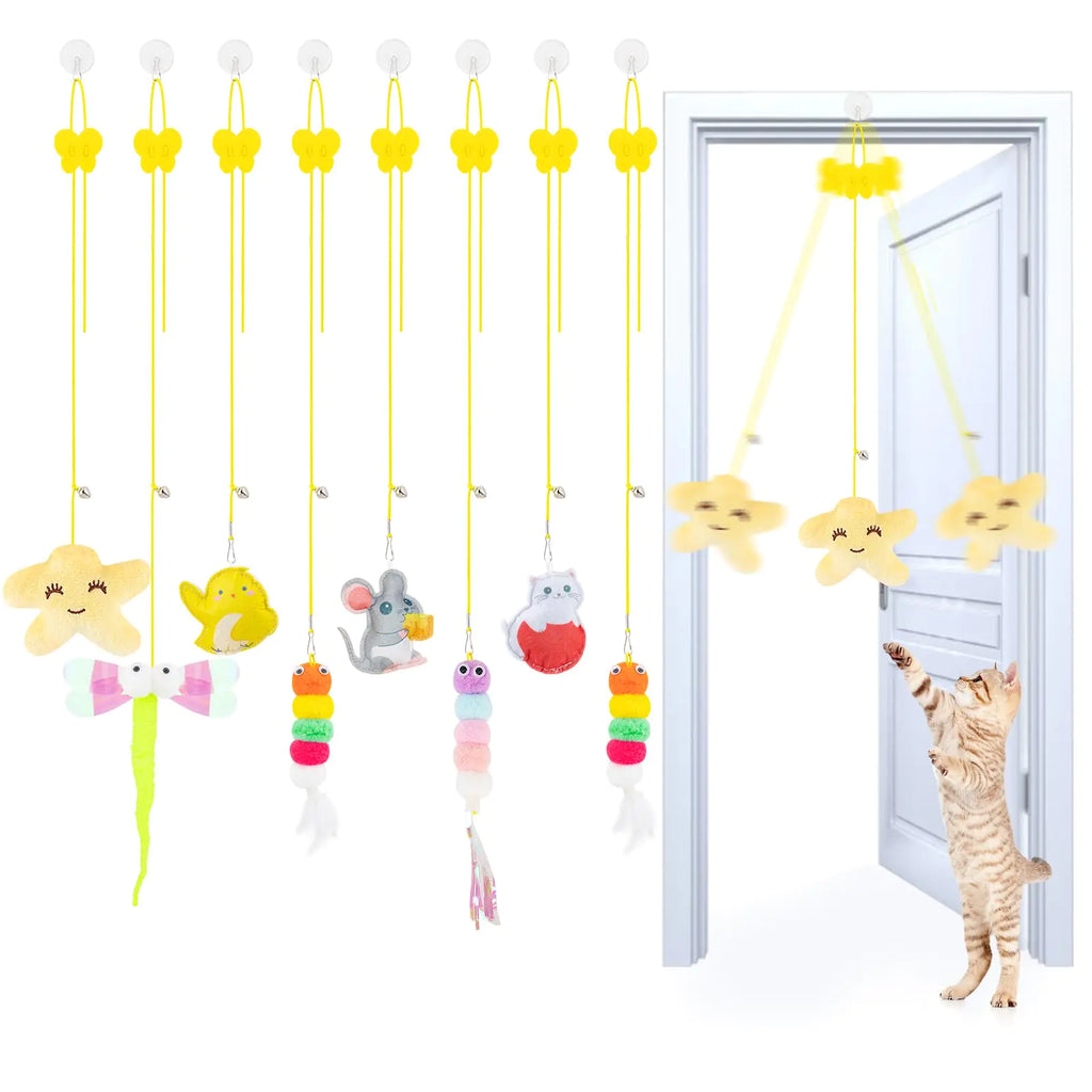 8PC Interactive Cat Toy Cat Feather Toy Hanging Cat Toy Cat Door Toy Retractable Cat Teaser Hunting Toy Door Hanging Kitten Mouse Toy Door Frame Hanger for Indoor Cat Mental Physical Play