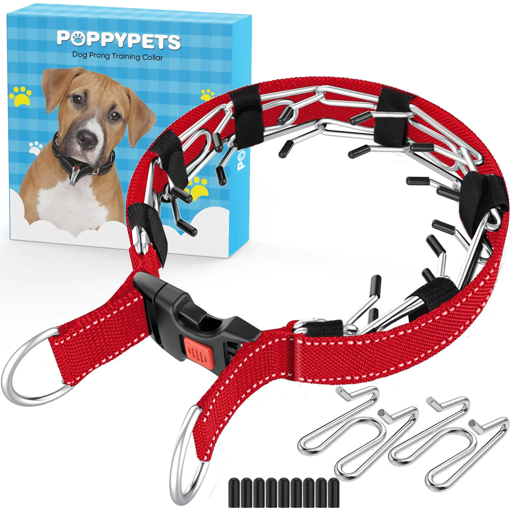 POPPYPETS Prong Dog Training Collar for Dogs with Rubber Tips Stainless Steel Dog Collar for Large Dogs (Red S)