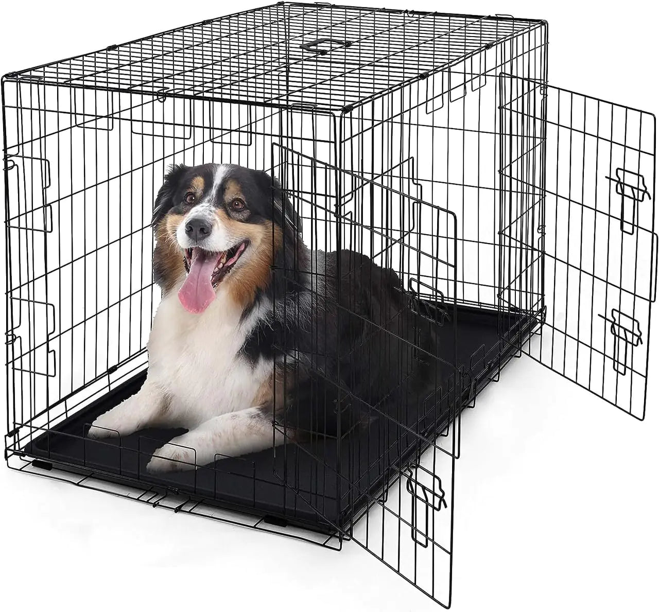 CAPHAUS Foldable Wire Dog Crate Kennel w/Leak-Proof Pan & Protecting Feet & Divider Panel Metal Wire Crate Kennel Small Medium & Large Dog Crate Indoor Wire Dog Cage 42” w/Double Doors Black