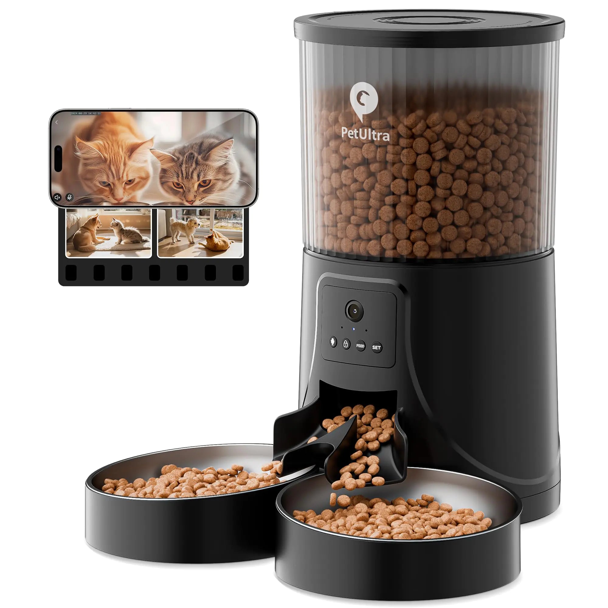PETULTRA Automatic Cat Feeders for 2 Cats: Dual Cat Feeders with 2.4G WiFi App Remote Control and HD Camera| 2-Way Audio Time Auto Pet Feeder for Multiple Cats- Detachable Clean- with Desiccant Bag - Pawluxe