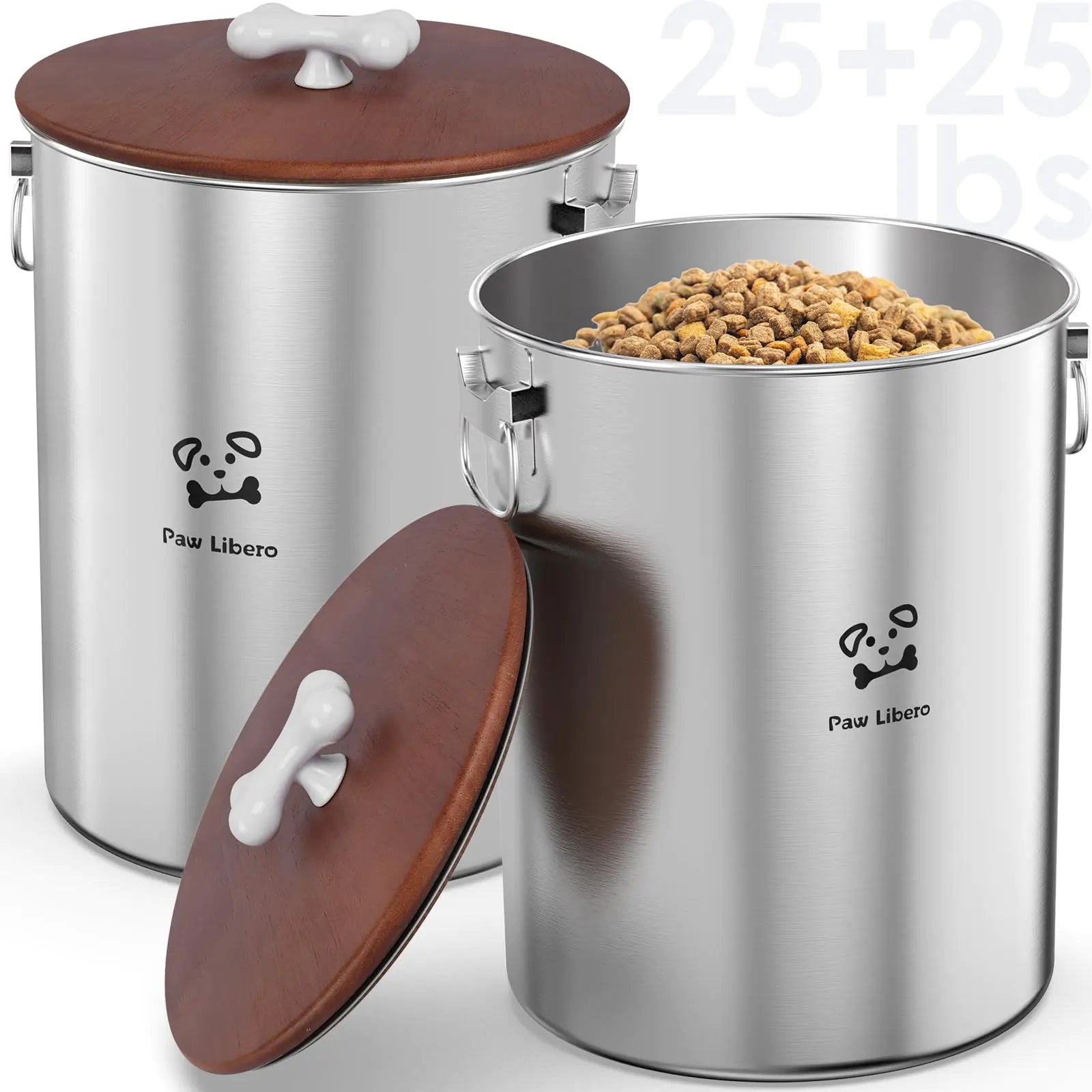 2PK 24-25 Lbs total 50 lbs Stainless Steel Airtight Dog Food Containers with Wooden Lid to Keep Fresh Metal Dog Food Storage Container with Ceramic Handle Easy Clean Dog Food Bin Cat Food Container - Pawluxe