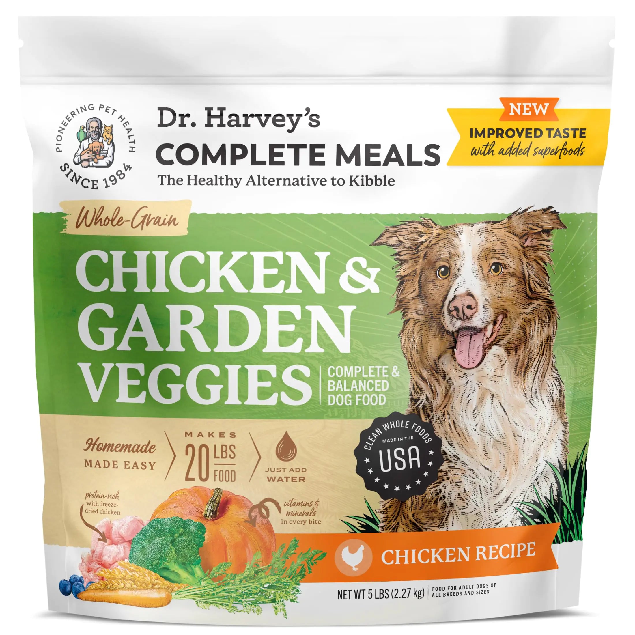 Dr. Harveys Chicken & Garden Veggies Dog Food Human Grade Whole-Grain Dehydrated Dog Food with Freeze-Dried Chicken (5 Pounds) - Pawluxe