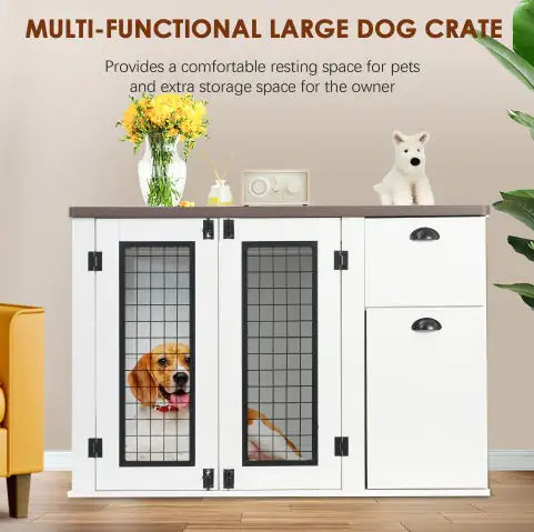 Furniture Style Dog Cage, Wooden Dog Cage, Double Door Dog Cage, Side Cabinet Dog Cage, Dog Crate - Pawluxe