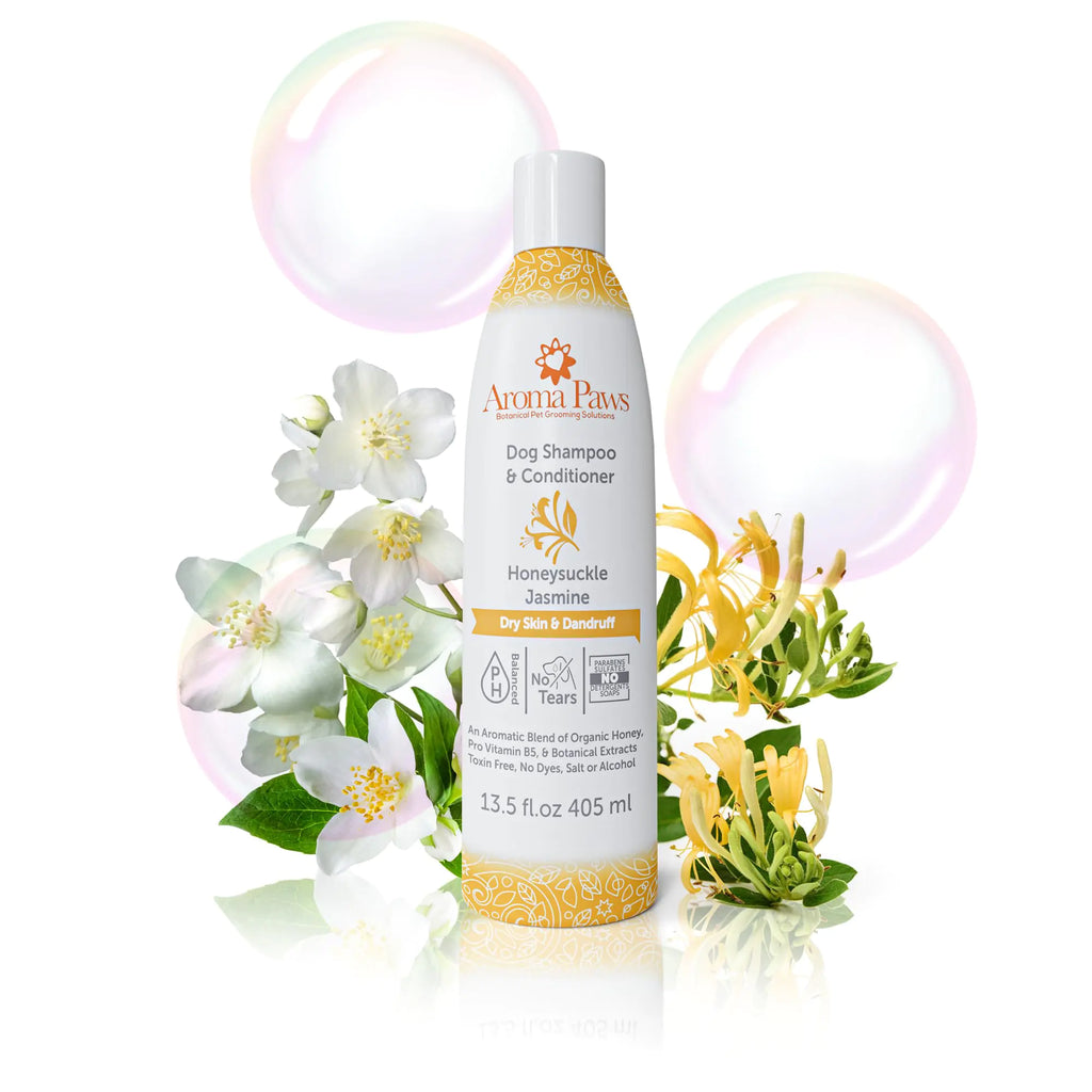 Aroma Paws Dog Shampoo – Cleansing Wash Conditioning Moisturizing – Toxin Free Healthy Ingredients – Aromatic Grooming Puppy Shampoo – Tearless Cleaner Honeysuckle Jasmine