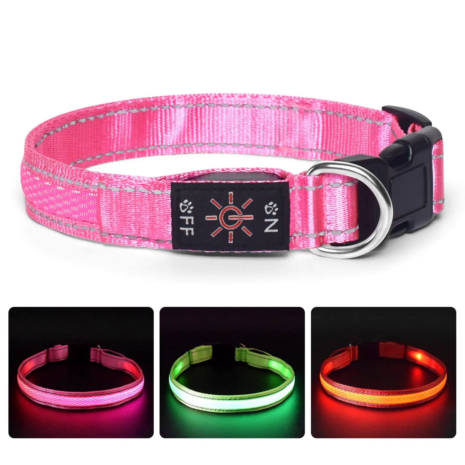 TDTOK LED Dog Collar Rechargeable Adjustable Durable Nylon Comfortable Light Up Collars for Small Medium Large Dogs with Reflective Lines Lightweight Plastic Buckle