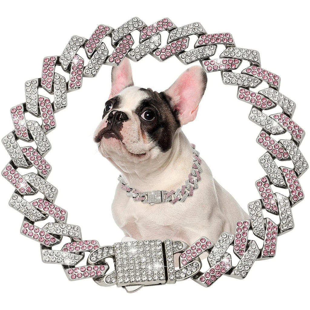 Pink Dog Chain Collar Diamond Link 15mm Wide Dog Necklace Metal Cat Chains Pet Crystal Collars Jewelry Accessories for Small Medium Large Dogs Cats(14inch