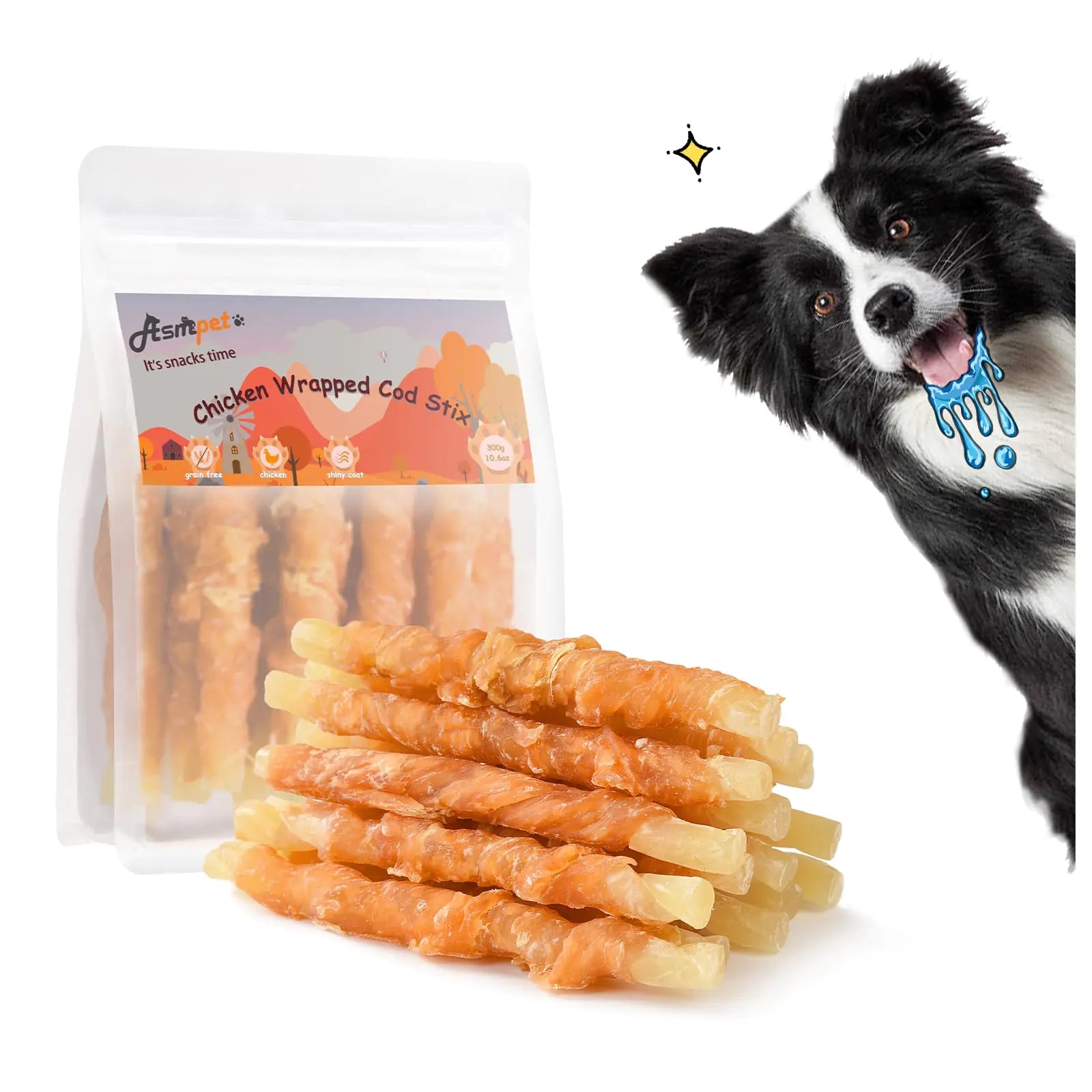 ASMPET Dog Treats Small Dogs Chicken Wrapped Cod Fish Rich in Omega3 Rawhide Free Grain Free Natural Dog Treats Healthy for Medium Large Dogs Training Dog Chews (16 pcs10.6 oz)