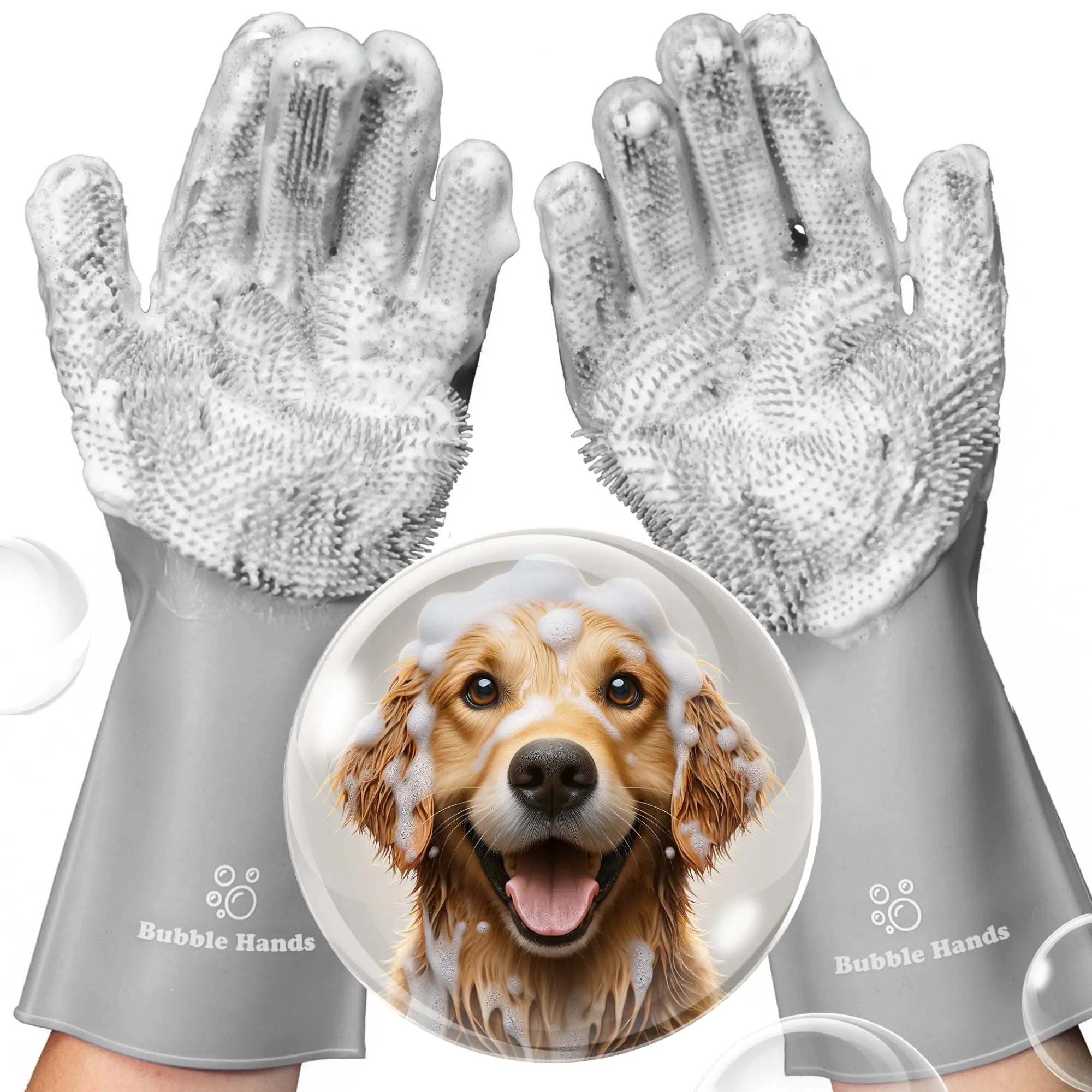 Bubble Hands Dog Washing Gloves with Bristle Scrubbers Reusable Silicone Gloves Ideal for Pet Bathing Massaging & Grooming (Gray) - Pawluxe