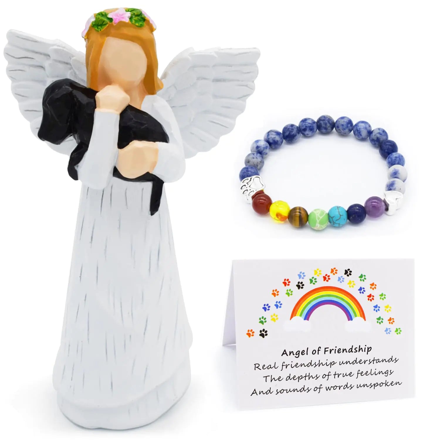 Angel of Friendship Dog Memorial Gifts Pet Sympathy Gift Loss of Dog Gifts Passed Away Dog Gifts Angel Figurines Dog Remembrance Gift with 7 Chakra Pet Memorial Rainbow Bridge Bracelet
